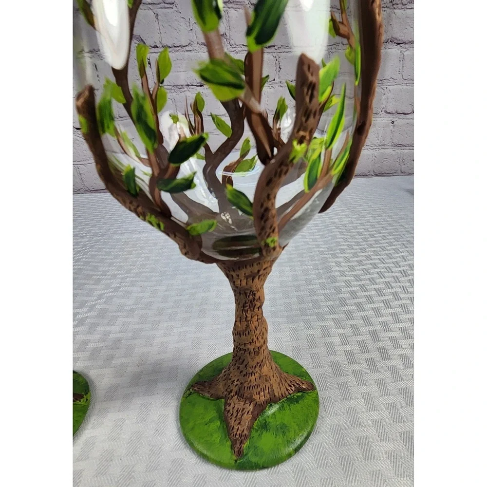 Unique Nature's Goddess Tree Of Life 3D Clay & Hand Painted Wine Glass Stemware